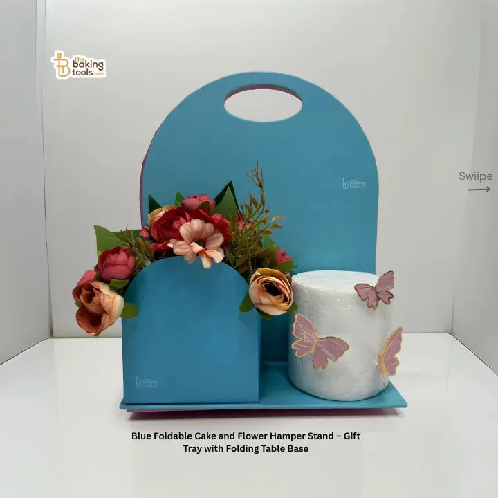 Blue Foldable Cake and Flower Hamper Stand – Gift Tray with Folding Table Base
